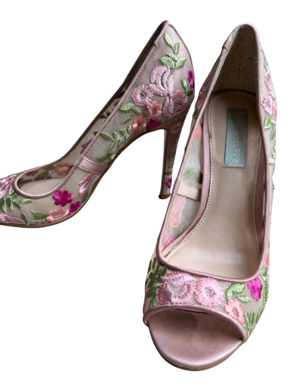 Betsey Johnson Embroidered Floral Peep Toe Heels Size 6 Pink Satin Mesh Stiletto - Picture 8 of 15